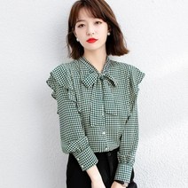여성 리본 칼라 블라우스 긴팔 셔츠 체크 무늬 블라우스