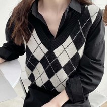 마롱패션 레이어드룩 아가일 모던심플 여성 베스트 조끼 니트 포근조끼 캐주얼조끼