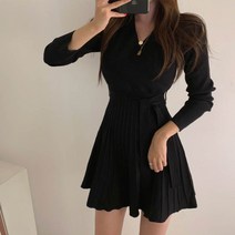 더바지 랩 플리츠 플레어 허리끈 니트 미니 원피스 2color