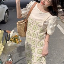 핸드메이드 크로쉐니트 꽃뜨게 뷔스티에 레이어드 롱원피스