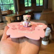 스타벅스 캐릭터 곰돌이 실리콘 비말 머그컵 뚜껑, 핑크 꽃잎 곰돌이 12.5cm