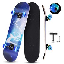 초보자를 위한 스케이트보드 컴플리트 스케이트보드 78.7 x 20.3cm(31 x 8인치) 9겹 단풍나무 더블 킥 오목한 표준 스케이트보드 LED 조명 휠 포함 어린이 남아, 31 x 8 Inch
