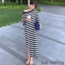 JUST FEEL!NG 여름 신상품 빅사이즈 여성스러운 오픈숄더 루즈핏 스트라이프 아이스 원피스