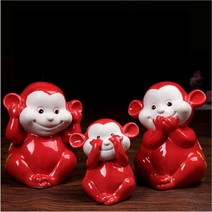 무병장수 붉은원숭이 도자기 인형 3p 인테리어 소품 센스있는 집들이 선물 돈들어오는 장식, 레드-3종 원숭이 세트