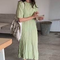 디작소 여성 여름 봄 루즈핏 주름 롱 원피스 드레스