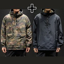 블랙 & 밀리터리 양면 아노락자켓 바람막이 봄철 가을에서 초겨울 남여 공용 반집업 커플 후드 캠핑장 등산 여행용 잠바