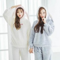 여자 귀여운 토끼 후디 극세사 조거팬츠 후드 잠옷