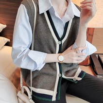 울 조끼 아가일 체크 니트 단추 베스트 여성 가디건