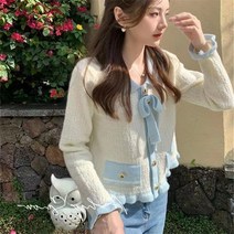 여성 꽈배기 연핑크 볼레로 초록 트위드 스팽클 아가일 교복 니트 가디건 X 배색 나비 넥타이 가을 ​​겨울 새로운 달콤하고