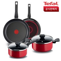 테팔 심플 프라이팬 냄비 4종 세트, 레드 + 블랙, 프라이팬 24cm + 28cm + 냄비 18cm + 20cm