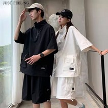 JUST FEEL!NG 박시 아노락 반집업 반팔티 + 반바지 트레이닝 커플 남여공용 상하의 세트