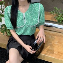 여름 여성 빈티지 브이넥 잔꽃 플라워 꽃무늬 반팔 초록 화이트 블라우스 청바지코디 키작녀