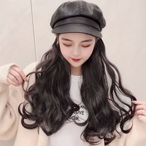하이유니 가죽 헌팅 캡 모자 가발 + 가발빗 세트, 히피펌, 라이트브라운
