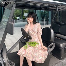 DFMEI 여름 브이넥 잔꽃 쉬폰 원피스 여 롱 유화 스커트 라인입니다.