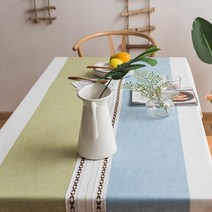 마벨인홈 북유럽 스타일 고급 린넨 식탁보, 블루그린매듭+태슬, 6인용(220cm x 140cm)