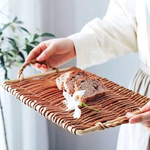 라탄트레이 라틴 바구니 바스켓 손잡이 사각 원형 과일 빵 수건 브런치 홈카페 피크닉, 사각 라탄 트레이