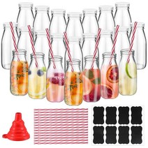 Tioncy 20팩 241g8.5온스 유리 우유병 뚜껑 및 재사용 가능한 플라스틱 빨대 포함 빈티지 아침 식사 우유 주스 쉐이크 칵테일 용기 라벨 깔때기 파티 병 결혼식 생일용 U