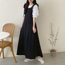 [세인트이브] 어깨끈 러블리 염주머니 프릴 멜빵 롱원피스