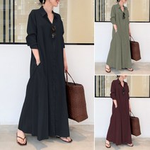S-5XL 여성 패션 버튼 업 롱 셔츠 원피스 루즈한 캐주얼 맥시 드레스