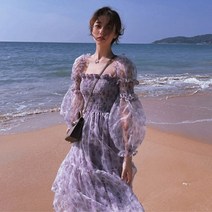 프릴 레이스 오프숄더 스모크 수입 롱 원피스