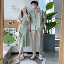 그린 언밸런스 랩 플레어 롱 원피스 커플룩 셀프 웨딩 스튜디오 촬영 시밀러룩 남자 셔츠
