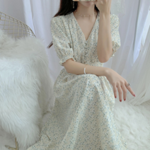 허니비 허니시스터 타이니 샤랄라 플라워 쉬폰 주름 브이넥 롱 원피스(M/L/XL)