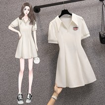 실사 빅 사이즈 여성 여름룩 통통 동생 날씬해 보이는 배 가림 기질 프렌치 칼라 원피스