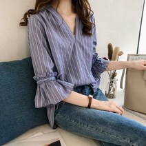 루스 플레어 슬림핏 긴팔 스트라이프 셔츠