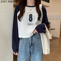 JUST FEEL!NG 여성 크롭티 배색 레터링 긴팔 이너티셔츠 프린트 특이한 크롭 긴팔티 숏 맨투맨티 상의