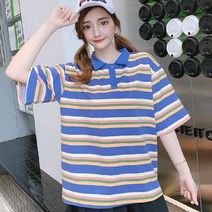 면반팔티셔츠 여름 비치 바캉스 청상 줄무늬 카라넥 t셔츠 여성 와이드 루즈핏 상의 트렌드 하라쥬크 무드 1261268577