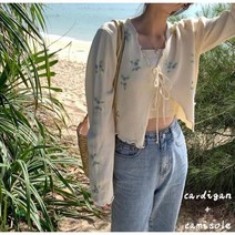 여성용 빈티지 자수 가디건 부드럽고 심플한 봄 사랑스러운 레이스업 보우 올매치 자외선 차단 데일리 니트 스웨터