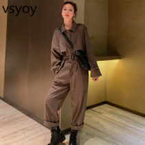 VSYOY 잘 생긴 홍콩 스타일 툴링 점프 수트 봄과 가을 새로운 긴 소매 높은 허리 슬림 룩 점프 수트 여성 정장 트렌디