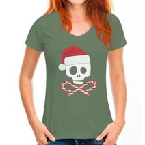 크리스마스 해골과 십자가 사탕 지팡이 산타 블랙 소프트 주니어 티셔츠 탑 레트로 O 넥 티셔츠, WoMen pea green_XXL