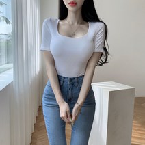 슬림핏 스쿼어넥 반팔 데일리 일상 쫀쫀 찰랑 스판 기본티 5부 쫄티 딱붙는 티셔츠 5cl