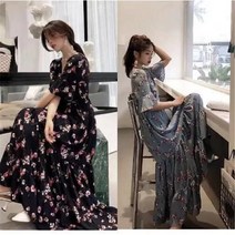 CK스타일 레트로 잔꽃 쉬폰 반팔 원피스