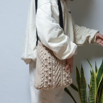 앤스실 아란 숄더 크로스 버킷백 뜨개질 DIY 패키지, 머스타드(몸)+블랙(끈)