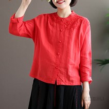 개량한복 여성 봄 여름 오버핏 문학 모시 스타일 패션 셔츠 긴팔 코튼 린넨 수 놓은 셔츠 탑 생활한복