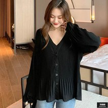 가바바 여성 빅사이즈 블라우스 깊은 브이넥 페미닌 프릴 긴팔 블라우스 5XL 까지 G61935