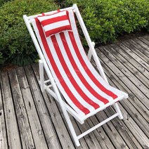 프로빌 야외 접이식 썬베드 화이트 패브릭 수영장 비치 썬배드 각도 조절 나무 베게 의자, 흰색 프레임 + 빨간색과 흰색 스트립 베개