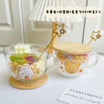 따뜻한 캐릭터 감성 요거트 볼 오트밀 아침식사 컵 유리 가정용 물 여성, M 베어+딸기토끼+대나무커버x2+별숟가락x2