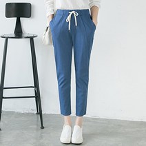 린넨 슬림 허리스트링 일자 팬츠 여성 배기 고무줄 바지 베이직 일상 시원한 면 마 9부 가벼운 데일리룩_GB6768