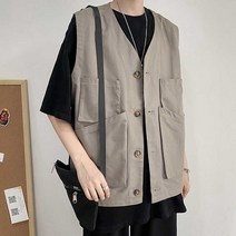 남자 봄가을 레이어드 포켓 박시한 조끼 대학생 패션 커플 가을 릿패션