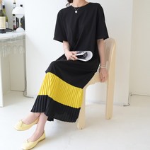 데일리앤 카르멘 여성 루즈핏 스트라이프 배색 플리츠 반팔 롱 원피스 임부복