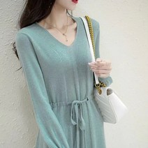 HXT 브이넥 롱 니트원피스 가을 겨울 여성 골지 허리끈 벨티드 빅사이즈원피스 데일리룩