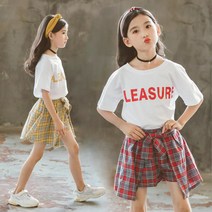 베비포 여아용 반팔티 체크 치마 반바지 상하복 세트 S1390