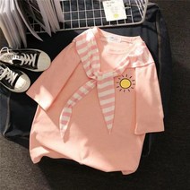 힙남 여름 일계 루즈핏 산뜻 BF 원숙 벨트 해군풍 학원 반팔 티셔츠 블라우스 인스타그램 핑크 S -근