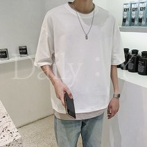 빅사이즈 아이스 레이어드 라운드 반팔 티셔츠 남녀공용 커플티 배색반팔