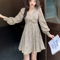 퍼프 브이넥 미니 원피스 긴팔 쉬폰 봄 스커트