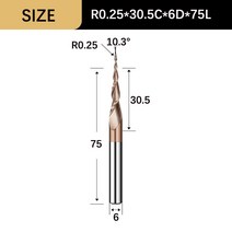 밀링커터 카바이드 나선형 테이퍼 볼 노즈 엔드 밀 6mm 생크 2 플루트 라우터 비트목공 CNC 2D 3D 조각 비트 목재 밀링 7152EA94, 13 R0.25x30.5Cx6Dx75L