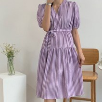 퍼니걸스 5326 브이넥 퍼프 체크 플레어 롱 원피스 여성의류